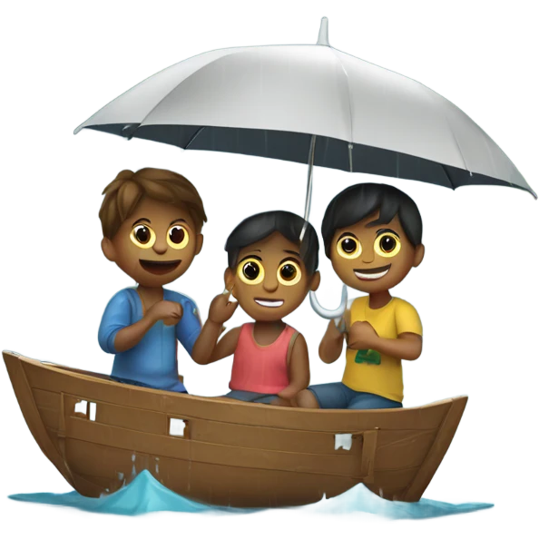 3 kids with a umbrella playing with a paper ship in the rain emoji