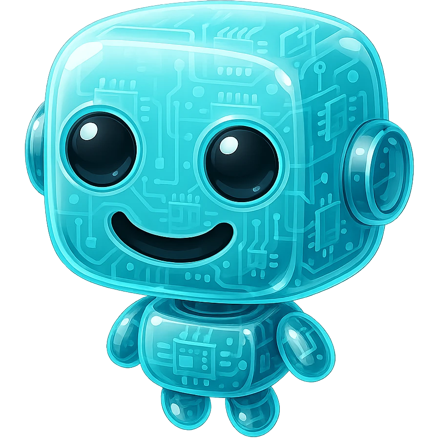 Recolor this robot in glossy circuit style with the main color #6fe8f3 cyan, maintaining its cute expression and style, without background. emoji