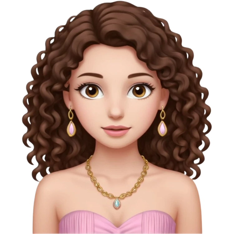 crée moi une jeune fille très belle avec les cheveux bouclés long brune avec un top  sans manche ni brettelles juste un 'bandeau' de couleur rose clair avec un peu de maquillage et des beauxcils un collier en or emoji