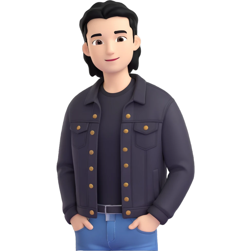 3D emoji Microsoft style, young man with black hair, wearing black t-shirt and black denim jacket, photo reference, slight smile emoji