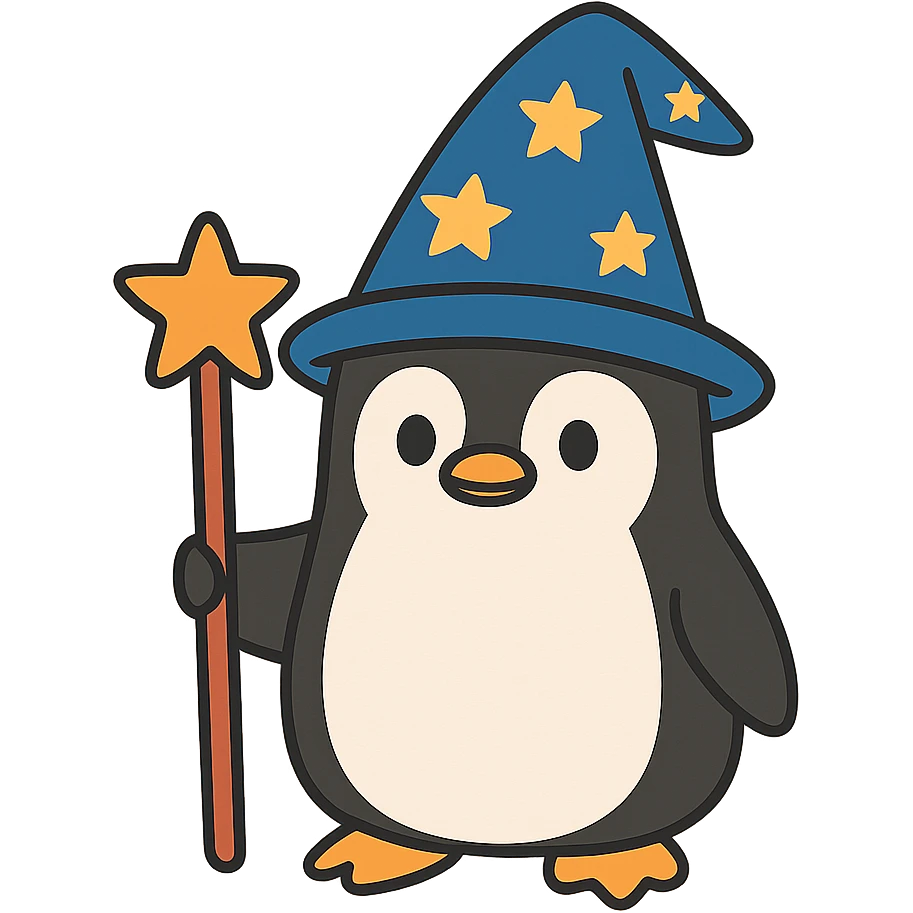 flat toon style penguin wizard with starry hat emoji
