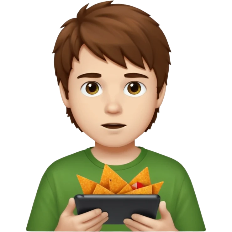 A white boy with messy brown hair eating Doritos while gaming on a green ipad emoji