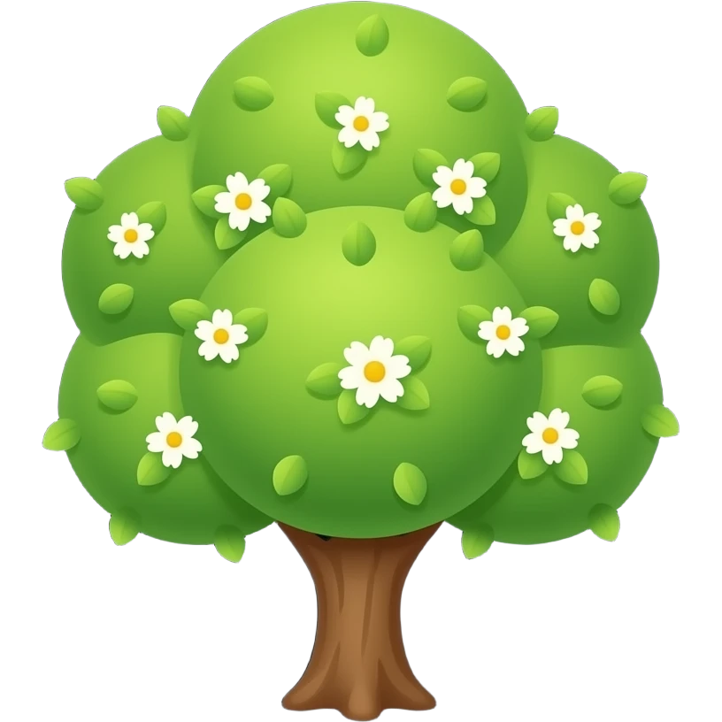 Apple-style blooming tree, round soft green canopy. No pot, no ground — only the tree. Small white and yellow flowers inside the leaves. Flat 2D vector, clean shapes, no gradients. Dark near-black background, premium fintech icon. emoji