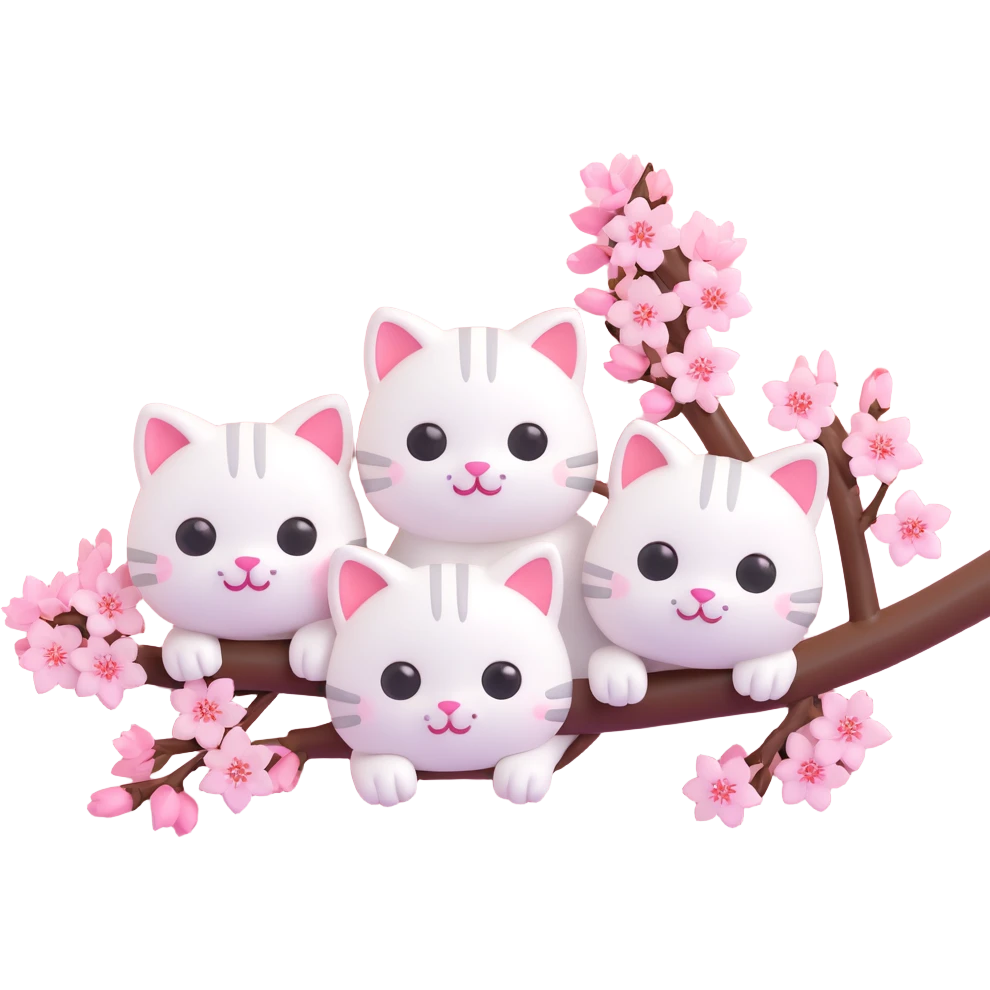 3D iOS emoji-style branch of cherry blossoms with adorable white cats peeking out, rounded shapes, shiny highlights, light pink background emoji