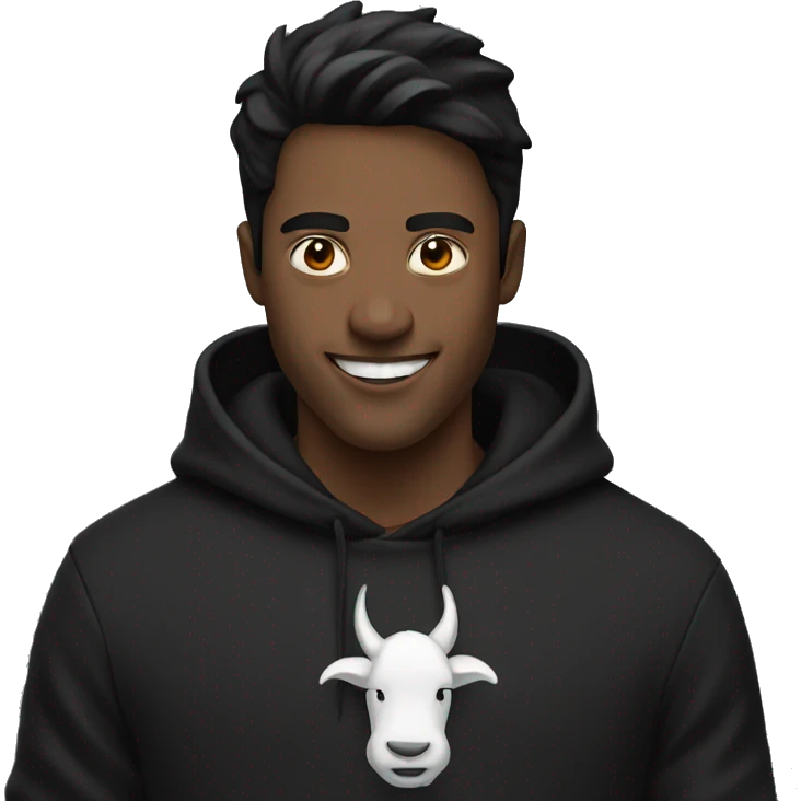 a guy with white horns, black hair and black hoodie, that is happy emoji