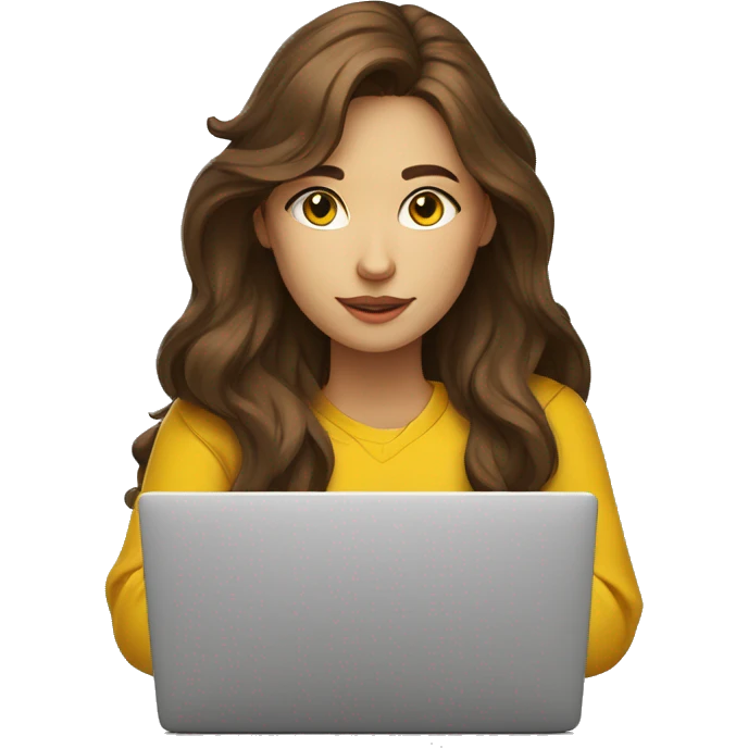 female coder with apple laptop in front of her, very long wavy brown hair, brown eyes, facing the right side looking at the laptop, yellow sweatshirt, no glasses emoji