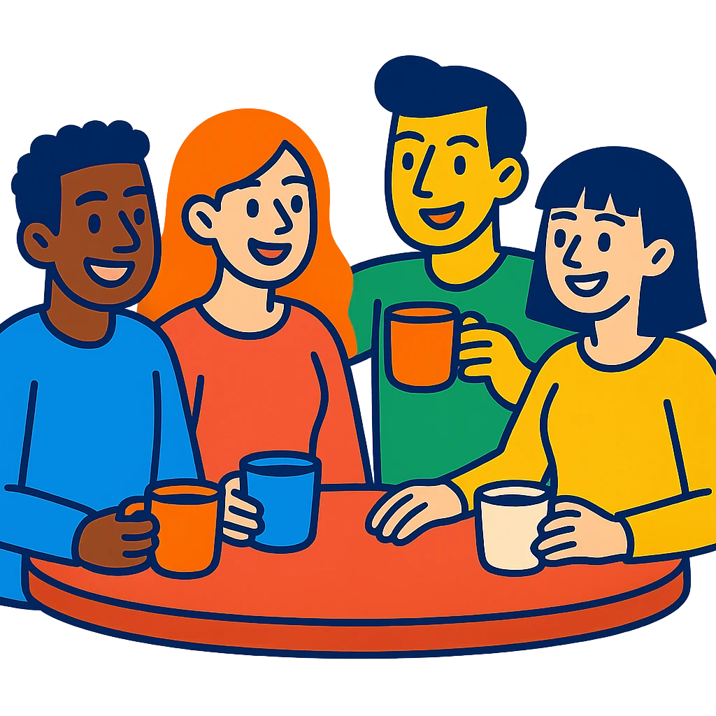 vibrant toon of a group of friends having coffee emoji