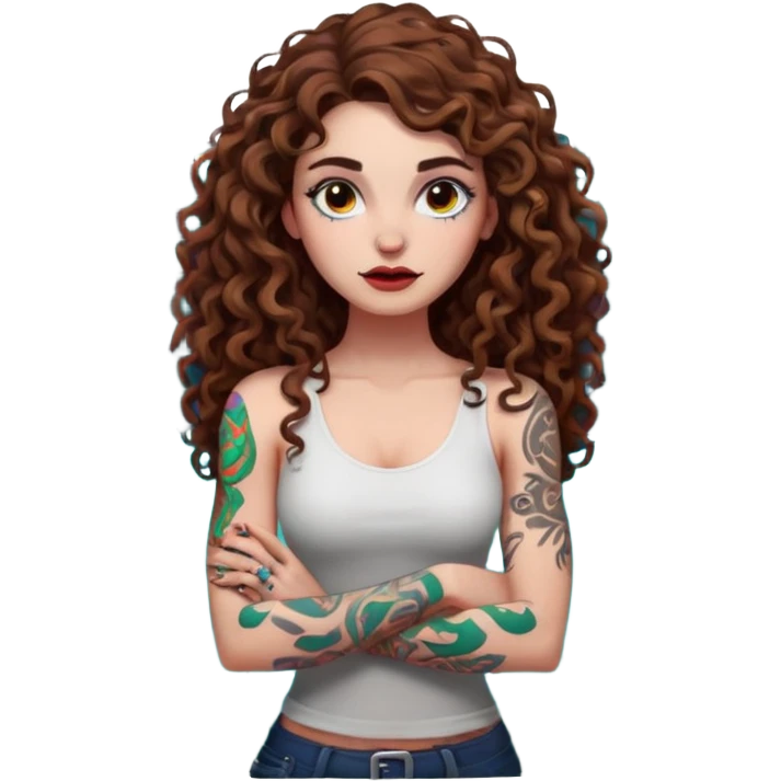 full body view of a woman with long curly brown hair, brown eyes, white skin, tattoos, arms crossed, eyebrow raised, neon forest chaos behind her emoji