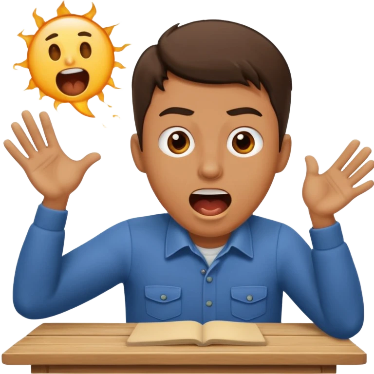 man at table, animated expression, shouting while working emoji