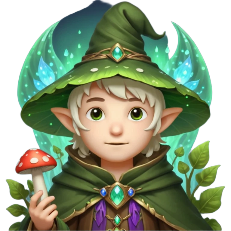 mushroom wizard portrait, head and shoulders only, glowing spores, leafy cloak collar, magical eyes, cute fantasy style, 3D cartoon, mobile game icon style, clean background, no text, no watermark

 emoji