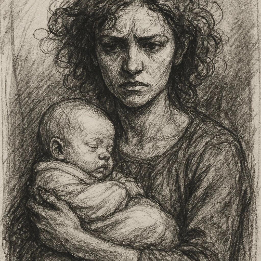 woman with curly red hair holding a baby, hand-drawn sketch style emoji