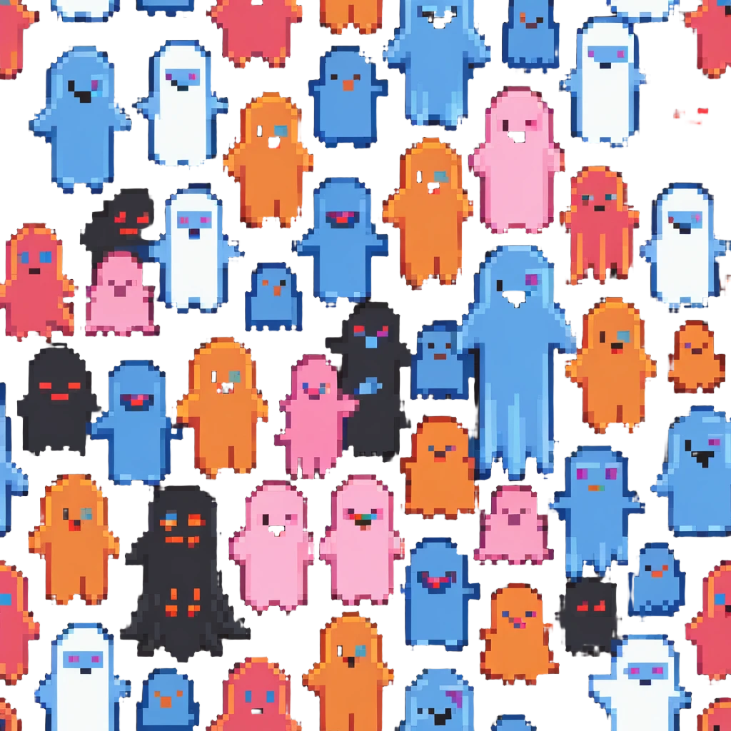 The four classic Pacman ghosts (red, pink, blue, and orange) in 8-bit pixel art style emoji