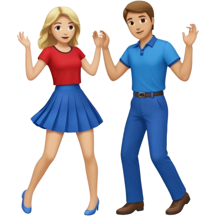 Two people dancing. Man in red shirt and pants with brown hair. Women in blue shirt and skirt with blond hair. emoji