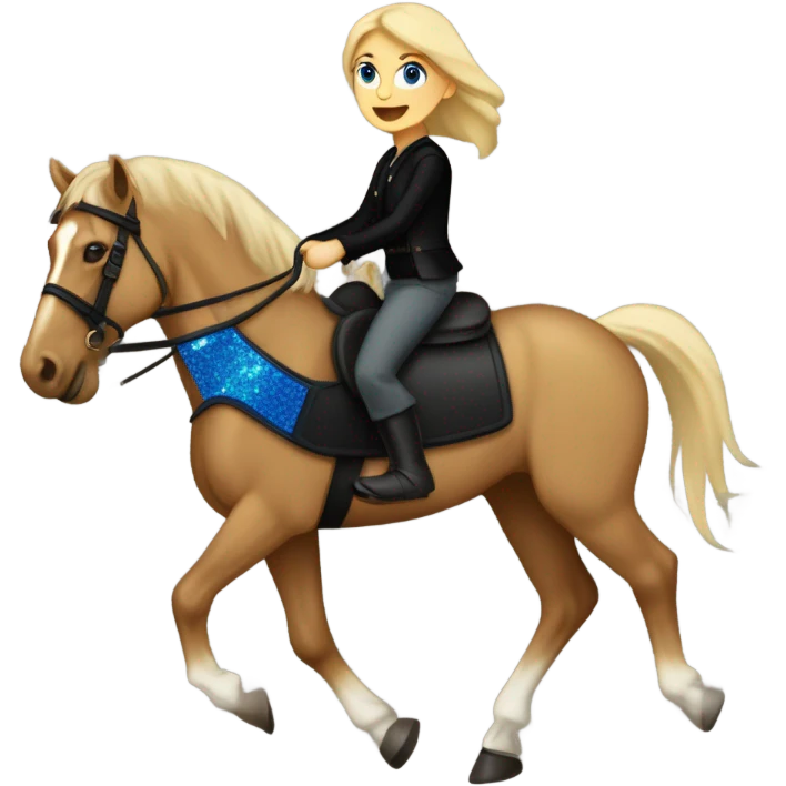  A Palomino horse running with a black sequin rug on his back and a whit rider girl brown hair blue eyes on his back without a helmet dressed in black pants and a vest   emoji