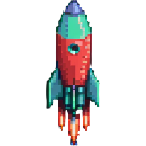 sleek pixel art rocket with green to red gradient, shooting diagonally to the upper right corner emoji