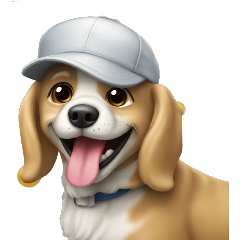 Perro sonriendo y llevando una gorra emoji