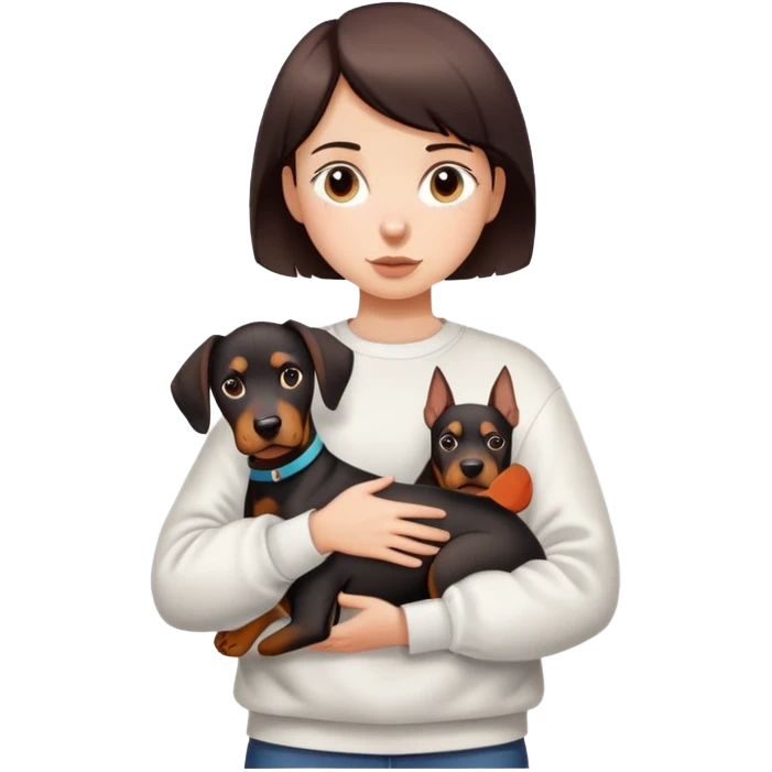 A short-haired girl in a white sweatshirt is holding a big Doberman dog emoji