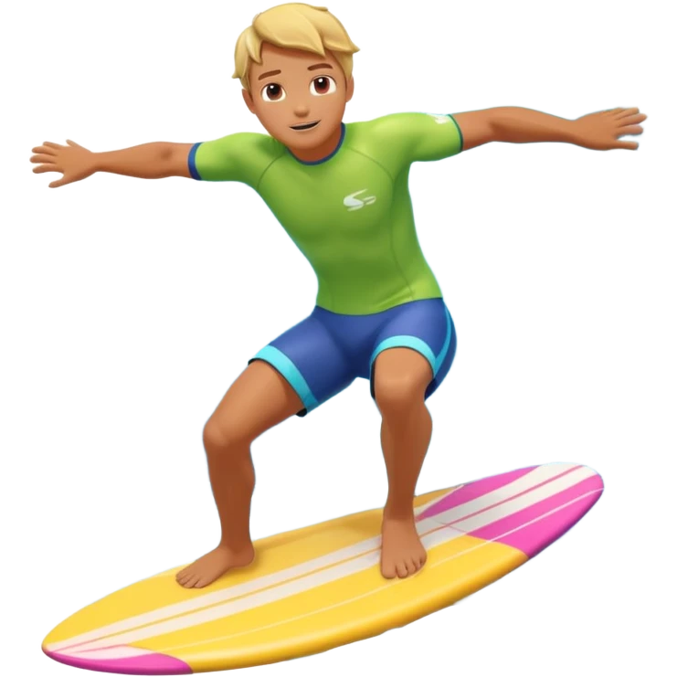 cute surfer riding big ocean waves, dynamic action pose, splash water, colorful surfboard, tropical vibe, 3D cartoon, mobile game icon style, bright colors, soft shadows, clean background, no text, no watermark emoji