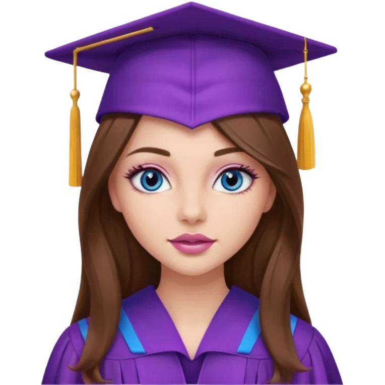 girl with gorgeous long brown hair, blue eyes, long lashes makeup, sexy pink lips, wearing a purple graduation cap and gown emoji