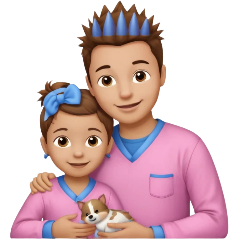 A smaller toddler girl with brown hair with her hair up, wearing pink pajamas and a bigger 4 year old boy with spikey brown hair, wearing blue pajamas. Both light skin and smiling.  emoji