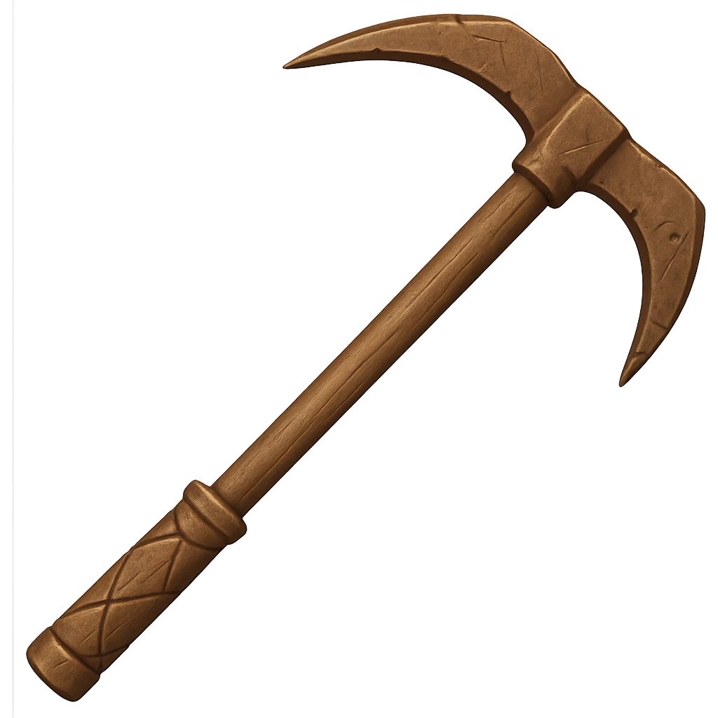 Transform this steel pickaxe into a bronze pickaxe, worn and used, with scratches and dents, in the style of emoji style with transparent background. emoji