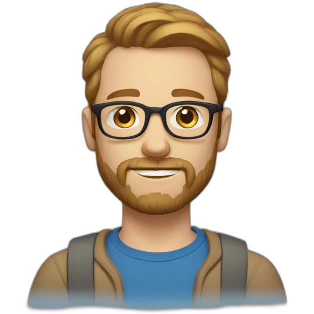 man with short light brown hair, beard and mustache and glasses, blue eyes, blue t-shirt with hands emoji