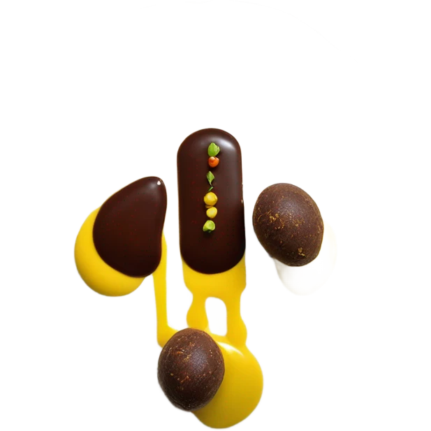 1 Chocolate quenelle and 1 vanilla quenelle on a fine dining glass plate with 3 small drops of yellow sauce as decoration emoji