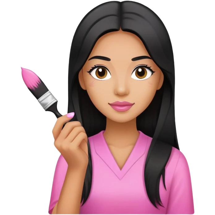 Pink Nail Tech with black long hair holding small acrylic brush emoji