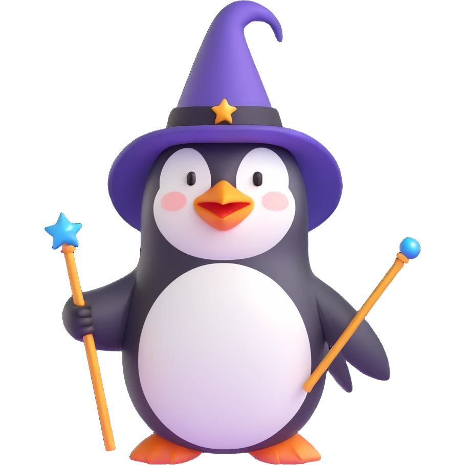 A penguin wizard with a pointy hat and a magic wand emoji