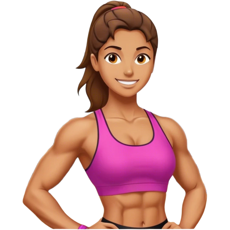 A woman in athletic wear is sweating it out in the gym, her face adorned with a confident smile, her muscles well-defined, showcasing strength and grace. emoji