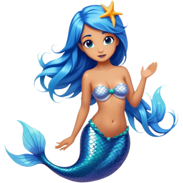 Cinematic Realistic Blue Hair Mermaid Portrait, depicted with lifelike, sun-kissed tanned skin that exudes a warm, radiant glow under gentle underwater lighting. Her intricately detailed, flowing blue hair cascades like a waterfall of ocean hues, framing deep, mesmerizing eyes that capture the vibrant spirit of the sea. Adorned with a shimmering tail and delicate tropical accents, the portrait features an enchanting underwater glow that blends realism with mythic coastal allure. emoji