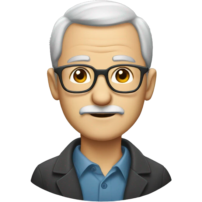 old man with gray hair, very receding/balding/almost bald, gray mustache, no beard, glasses, loves coding emoji