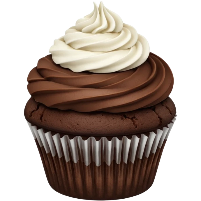 A chocolate cupcake, with no rapper, and a thin white coiled line of frosting across the middle of the top of the cupcake emoji