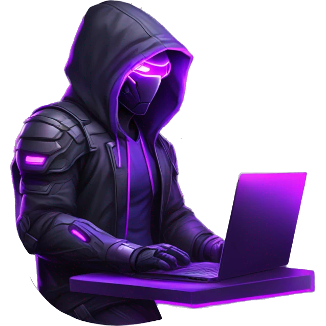 Side view developer behind his laptop with this style : crysis Cyberpunk Valorant neon glowing bright purple character purple violet black hooded assassin themed character emoji