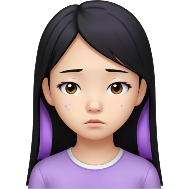 Asian teen girl with long straight black hair, wearing a lilac bando and a white shirt, sad expression, visible breakout and acne on her cheek emoji