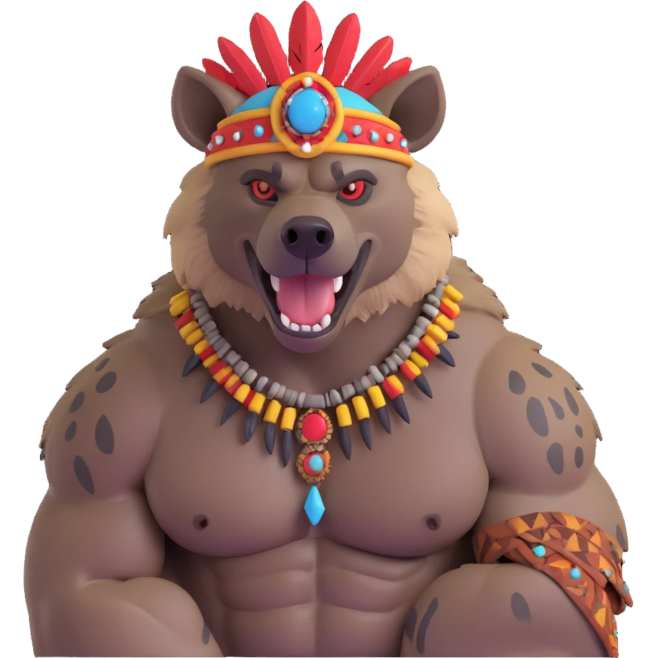 A native strong buff hyena with war bonnet flexing posing  emoji