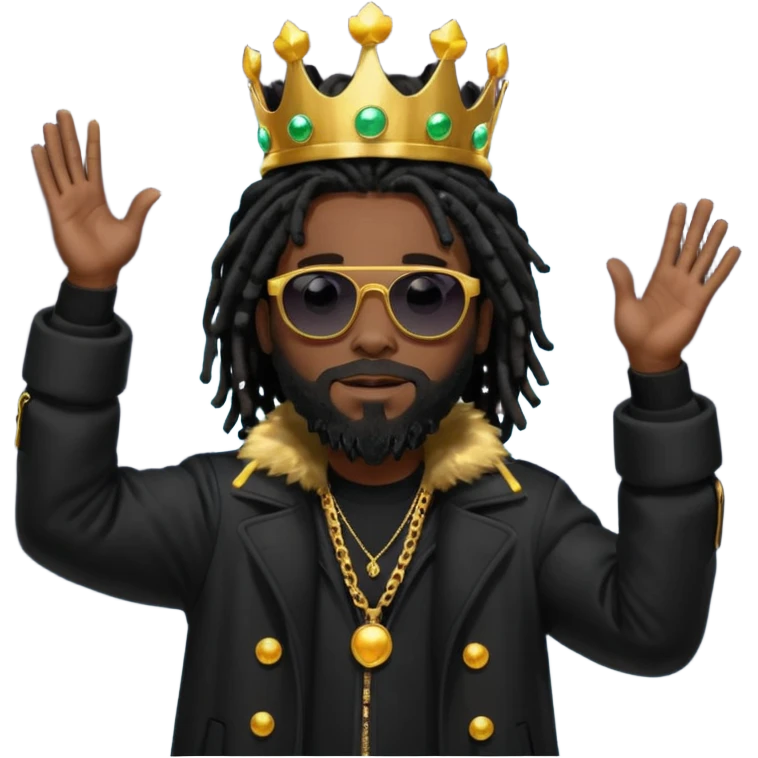 African American man with shoulder length black dreadlocks with black beard wearing  dark black sunglasses with a black bubble winter coat wearing a crown with arms raised with light around him emoji