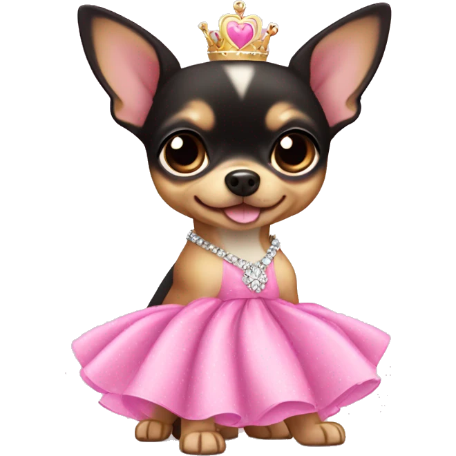 black & tan chihuahua puppy wearing a pink princess dress emoji