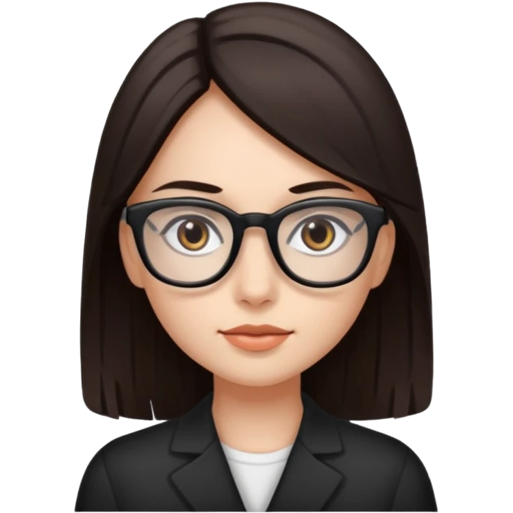 A girl with fair skin and dark brown eyes. Long, straight, dark brown hair. Black prescription glasses. emoji