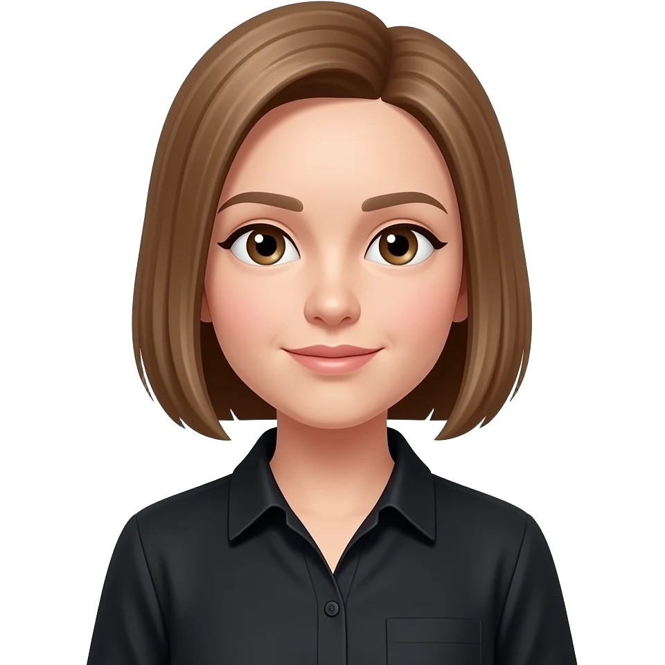 Light brown staright short hairs with a black shirt wearing emoji