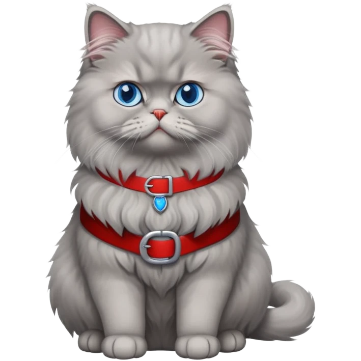 gray Persian cat full body sitting with blue eyes and red belt emoji