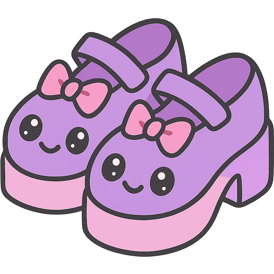 Make the shoes pastel purple with black and pink accents, kawaii style, no socks, no hearts, transparent background emoji