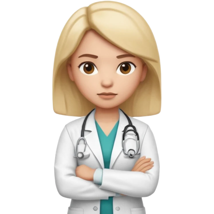 3D memoji style female doctor in medical coat, arms crossed, serious but calm expression, slightly raised eyebrow, professional look, centered, isolated, PNG, transparent background emoji