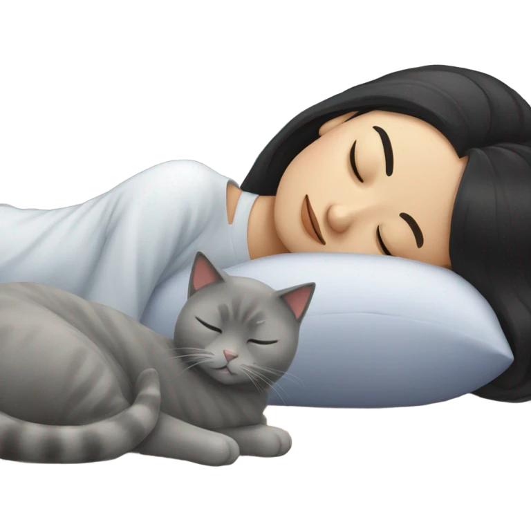 Chinese black hair sleeping with gray cat emoji