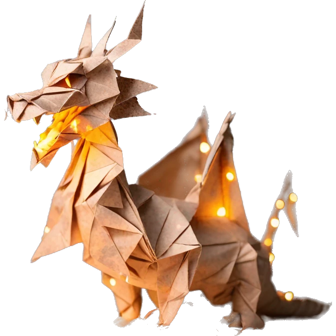 Beige Origami dragon made of newspapers on fire surrounded by fairy lights swirls covered in dried flowers bokeh library bunting floral flowers fire flames emoji