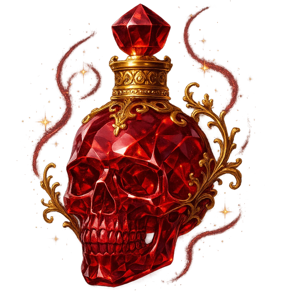 very luxurious crystal skull-shaped elixir bottle, red, very small golden collar, lots of shine, edges, ornaments, golden details, magical effects, transparent background, clearly hanging in the air, no base or shadow, premium class, matching the collection emoji