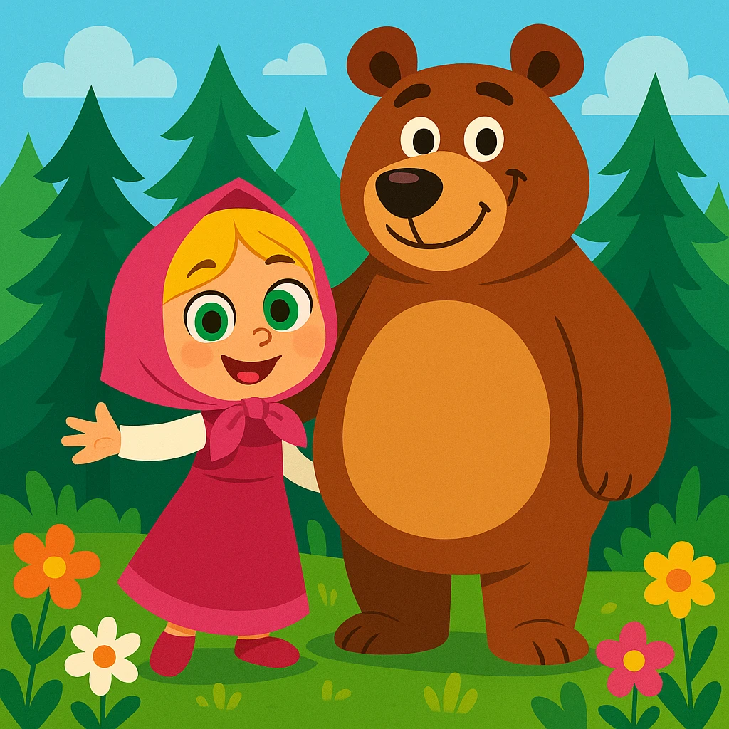 cartoon of a happy blonde girl in a pink dress and headscarf, with big green eyes, standing beside a gentle, round-bellied brown bear, both smiling in a lush pine forest with colorful flowers, bright lighting, clean background emoji