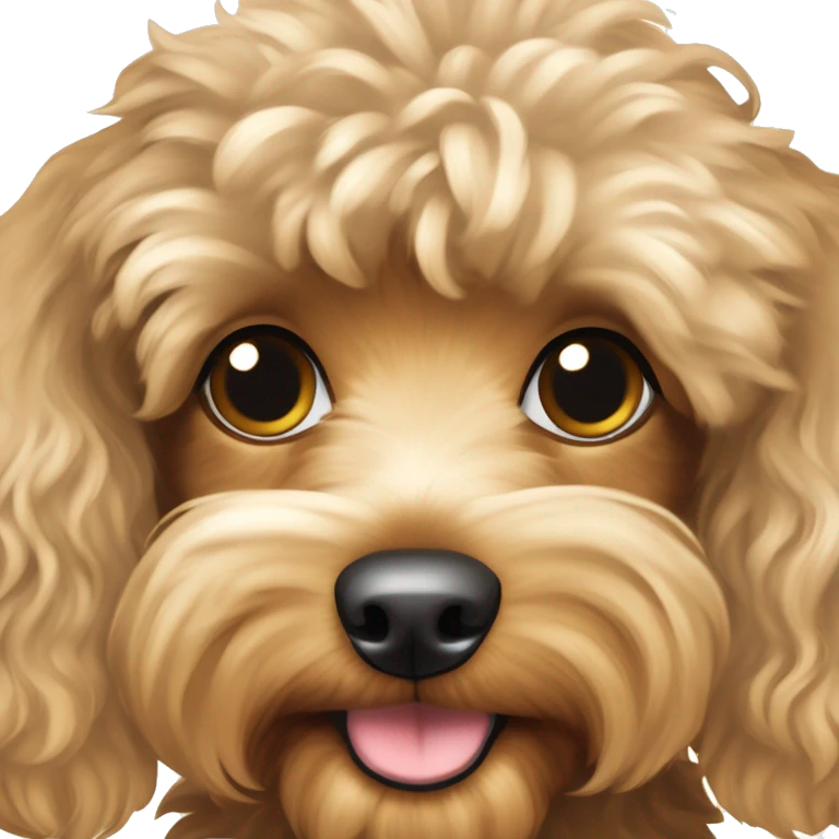 Light brown and cream colored Yorkie poodle mixed dog with curly hair body and very fluffy with longer ears emoji