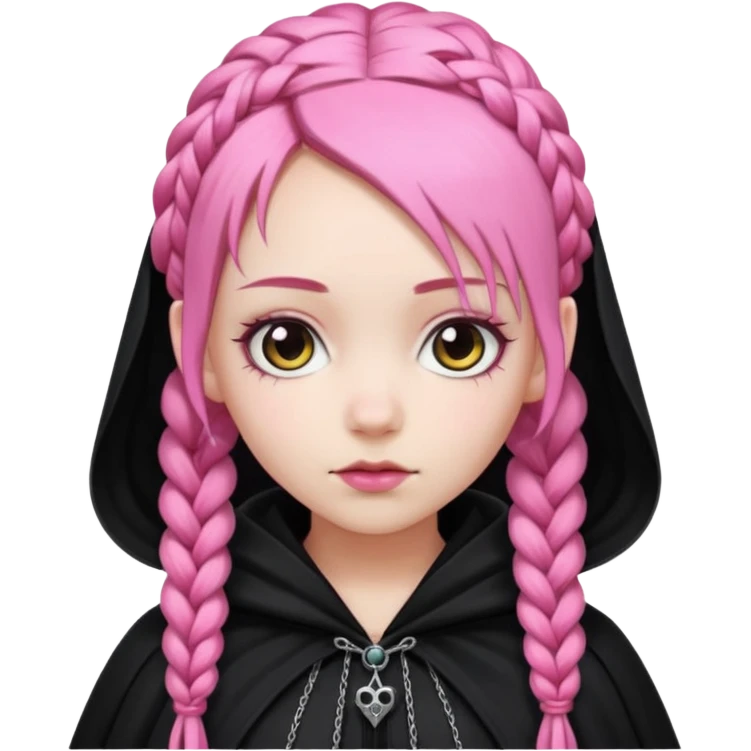 pink braids hair kid girl, white skin, wear black cloak emoji