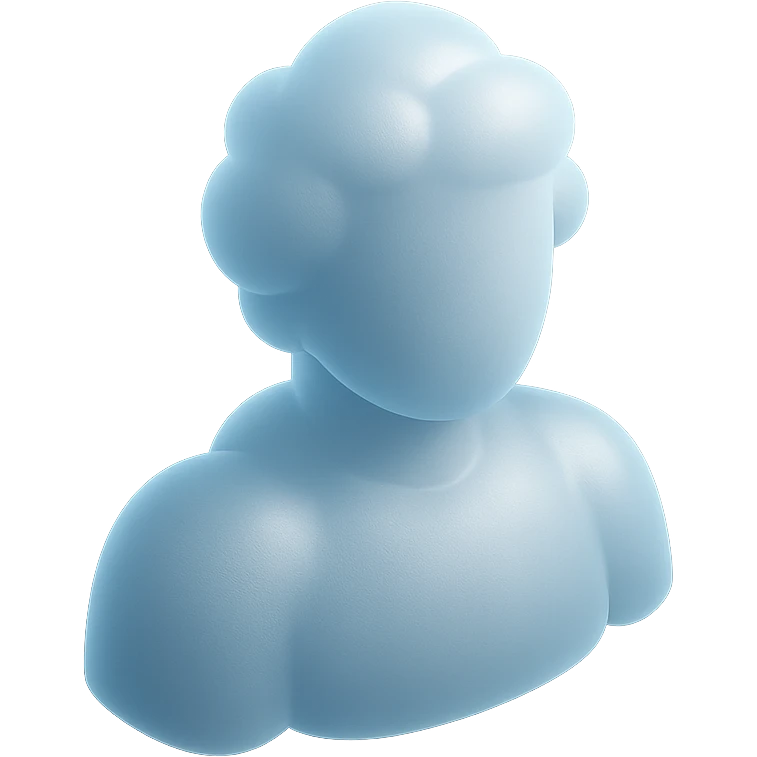 person made entirely of white fluffy convex clouds with a slight blue tint, shoulders up, front view, matte glass style, no background emoji